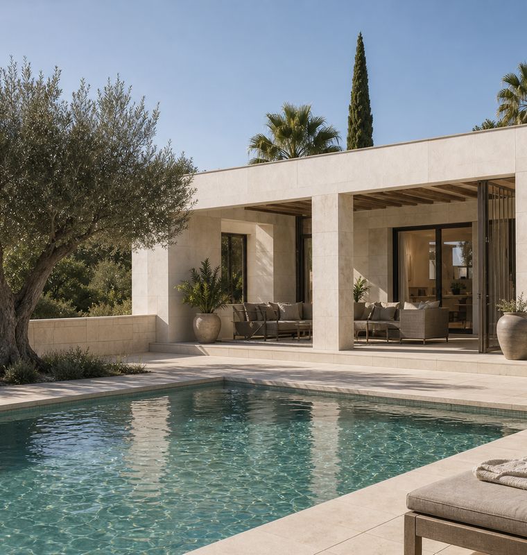 Moderne kustvilla in de Algarve met verzonken zwembad, olijfbomen en een overdekt terras