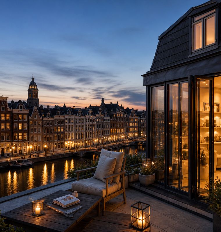 Terras van een grachtenpenthouse in Amsterdam bij schemering, met uitzicht over het water en de gevelrij