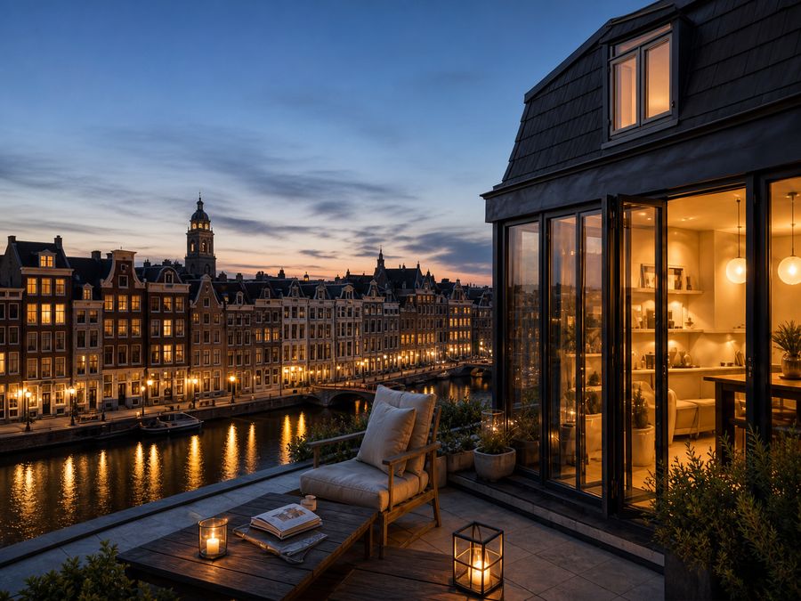 Terras van een grachtenpenthouse in Amsterdam bij schemering, met uitzicht over het water en de gevelrij